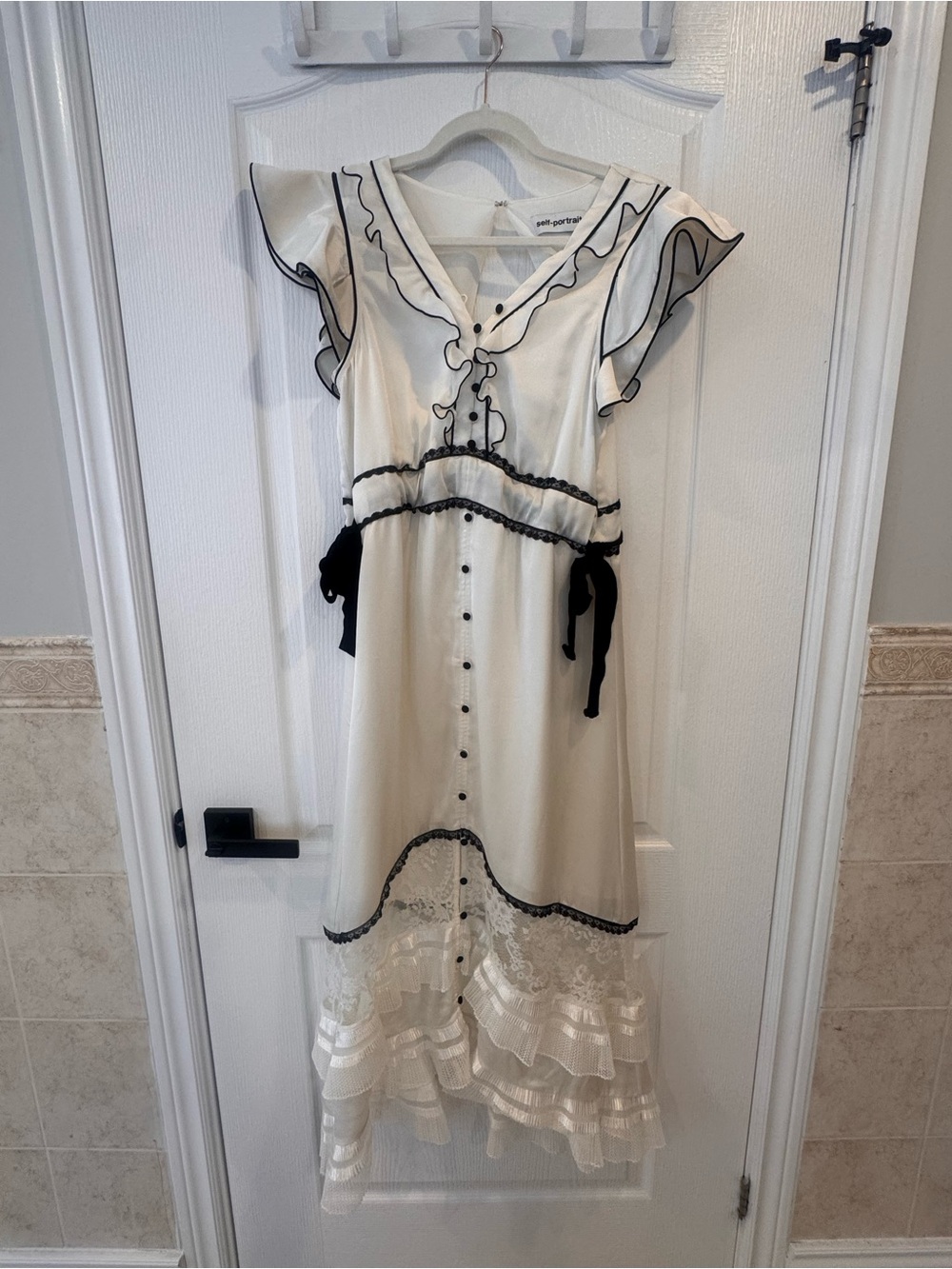 Self-Portrait Ivory Maxi Dress with Black Trim